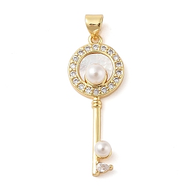 Brass & Shell & Clear Cubic Zirconia Pendants, with ABS Plastic Pearl, Key