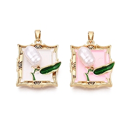 Латунь эмаль подвески, подвески-прямоугольники и цветы, с ABS имитации жемчуга, реальный 18 k позолоченный