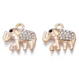 Alloy Pendants, with Crystal Rhinestone, Cadmium Free & Nickel Free & Lead Free, Light Gold, Elephant