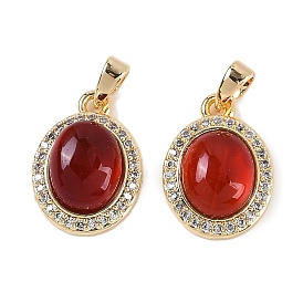 Natural Carnelian(Dyed & Heated) Oval Pendants, Brass Micro Pave Clear Cubic Zirconia Charms