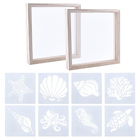 SUPERFINDINGS 1 Set Marine Organism Theme Plastic Drawing Painting Stencils Templates, with 2Pcs Wooden Transparent Picture Frame