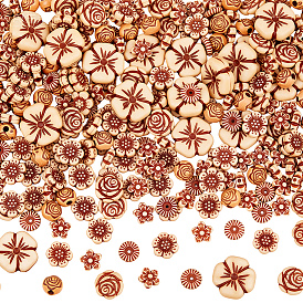 320шт 6 стили имитация дерева акриловые бусины, смешанные цветы и плоские круглые