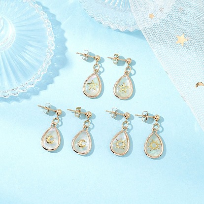 Серьги-гвоздики в форме капли из натуральной латуни с ракушкой пауа, золотые