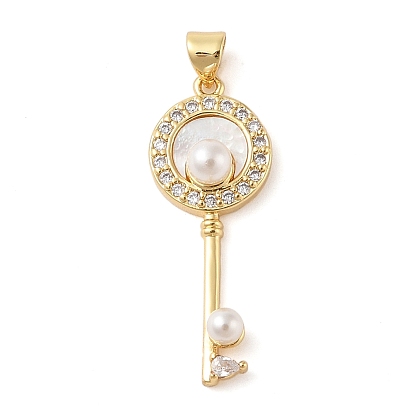 Brass & Shell & Clear Cubic Zirconia Pendants, Cadmium Free & Lead Free, with ABS Plastic Pearl, Key