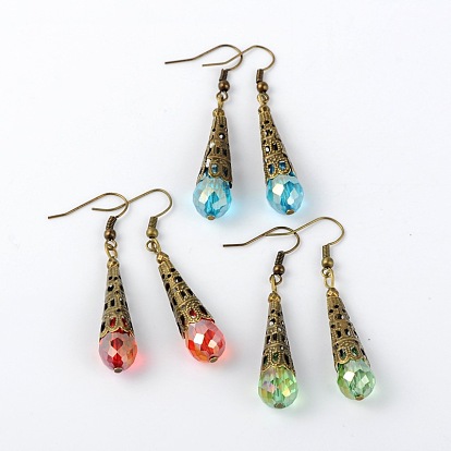 Brass Glass Teardrop Beads Dangle Earrings, with Iron Beads and Brass Earring Hooks, Antique Bronze, 56mm, Pin: 0.7mm