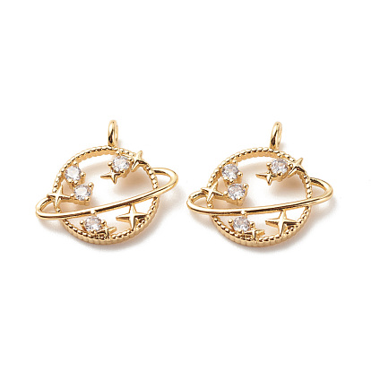 Brass Micro Pave Clear Cubic Zirconia Pendants, Cadmium Free & Lead Free, Planet