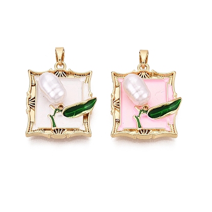 Латунь эмаль подвески, подвески-прямоугольники и цветы, с ABS имитации жемчуга, реальный 18 k позолоченный