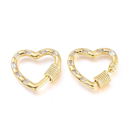 Brass Micro Pave Cubic Zirconia Screw Carabiner Lock Charms, for Necklaces Making, Heart, Golden