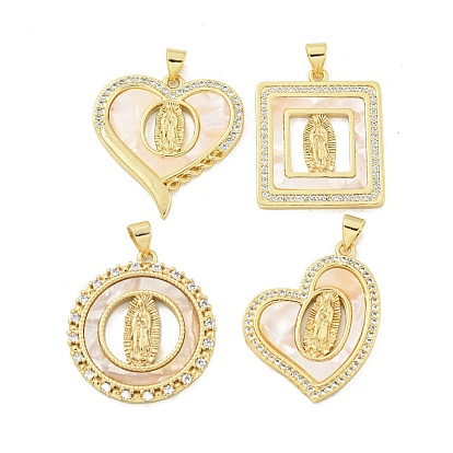 Rack Plated Brass Pendant, Cubic Zirconia and Synthetic Shell, Lead Free & Cadmium Free, Long-Lasting Plated, Real 18K Gold Plated