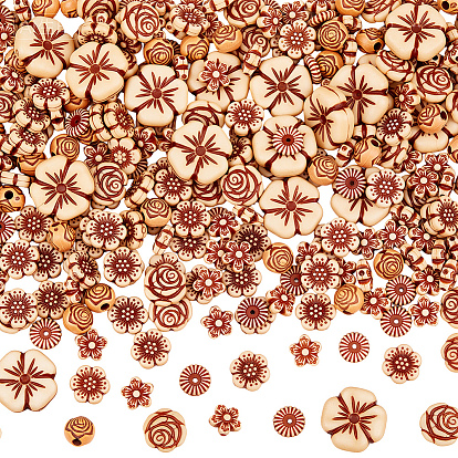 320шт 6 стили имитация дерева акриловые бусины, смешанные цветы и плоские круглые