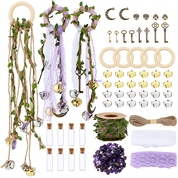 DIY-Schmuck machen Kits, einschließlich einer eisernen Glocke, Polyesterblatt-Besatzband, Glasflasche, Holz verbindet Ringe, Aluminium Anhänger & Charms, Amethyst-Splitterperlen