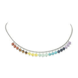 Natural & Synthetic Mixed Gemstone Round Charms Bib Necklace with 304 Stainless Steel Chains, Chakra Necklace for Women