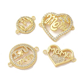 Heart/Flat Round Brass Micro Pave Clear Cubic Zirconia Mama Connector Charms, Mother's Day Word Links, Real 16K Gold Plated