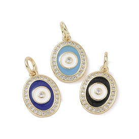 Real 18K Gold Plated Brass Micro Pave Cubic Zirconia Pendants, with Enamel and Jump Ring, Oval with Evil Eye Charms