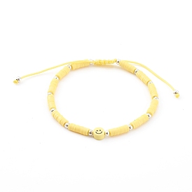 Bracelets de perles de nylon tressés réglables, avec des perles heishi en pâte polymère et des perles de fer, visage souriant, couleur argent plaqué