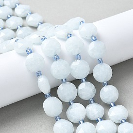 Нити бусин из натурального окрашенного кварца, имитирующие аквамарин, плоско-круглые, граненые