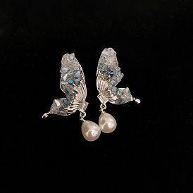 925 Silver Needle Fashion Crystal Butterfly Pearl Water Drop Earrings Elegant Temperament Advanced Sense Earrings Female