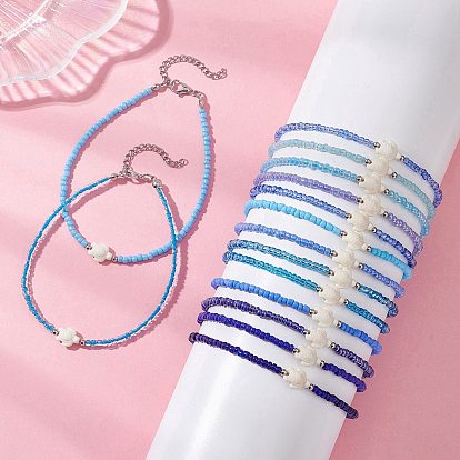 15 шт. 15 цвета летний пляжный окрашенный синтетический бирюзовый браслет на лодыжку в виде черепахи со стеклянными бусинами, платины и нержавеющая сталь цвет