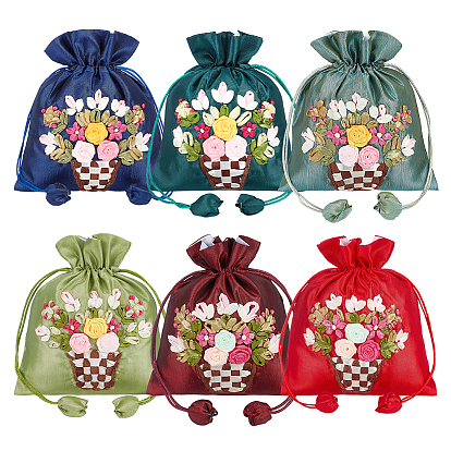 6 pièces 6 couleurs 3 sacs à cordon en polyester brodés de fleurs, sachets, rectangle