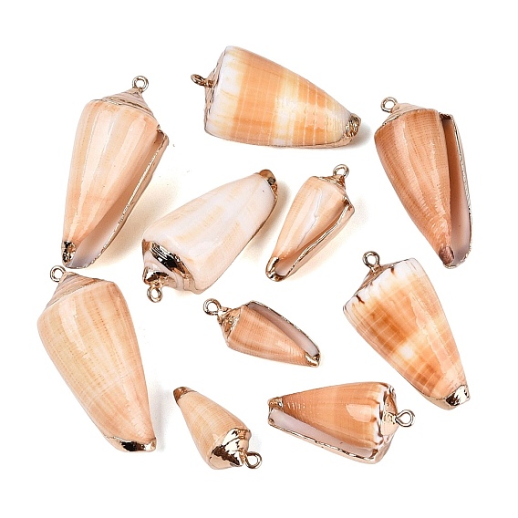 Electroplate Natural Spiral Shell Pendants, Conch Shape Charms, with Iron Loops and Brass Findings, Light Gold