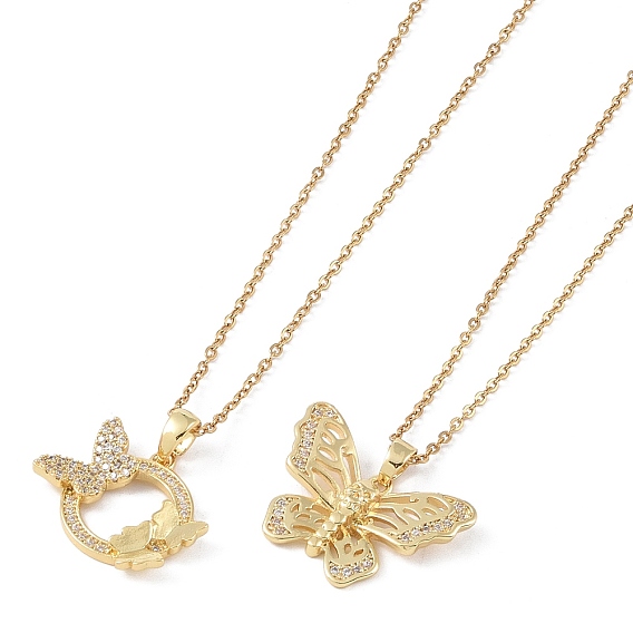 201 из нержавеющей стали кабель цепи ожерелья, ожерелья с подвесками из латуни с прозрачным кубическим цирконием и микропаве, бабочка