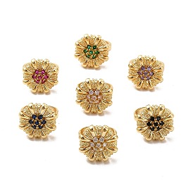 Cubic Zirconia Flower Open Cuff Ring, Golden Brass Jewelry for Women