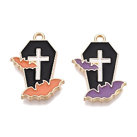 Halloween Theme Rack Plating Alloy Enamel Pendants, Golden, Coffin with Bat Charm