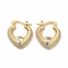 Clear Cubic Zirconia Heart Hoop Earrings with Glass, Brass Jewelry for Women