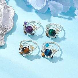 Planet Natural Amethyst & Tiger Eye & Citrine & Apatite & Green Aventurine Finger Rings, Brass Rings for Woman