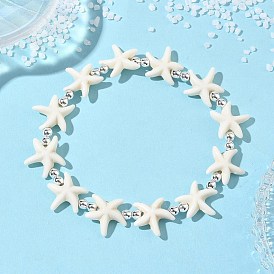 Браслеты из синтетической бирюзы и немагнитных гематитовых бусин, эластичные, для женщин и мужчин., морская звезда, белые