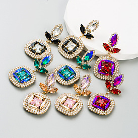 Colorful Glass Diamond Earrings with Geometric Alloy and Full Inlaid Rhinestones