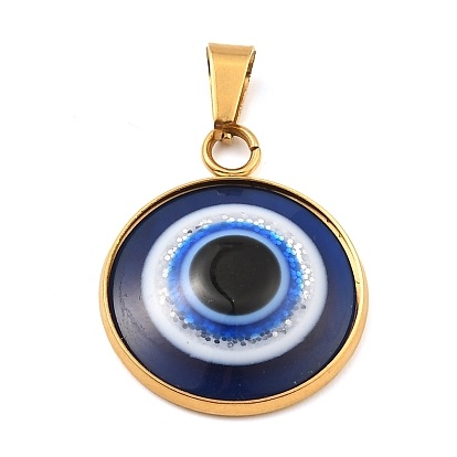 Ion Plating(IP)304 Stainless Steel Pendants, Flat Round with Resin Evil Eye Charms