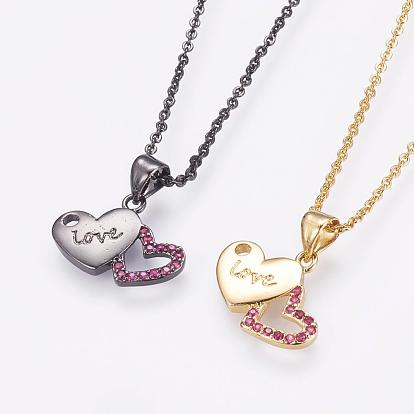 Brass Micro Pave Cubic Zirconia Pendant Necklaces, with Brass Cable Chains, Heart