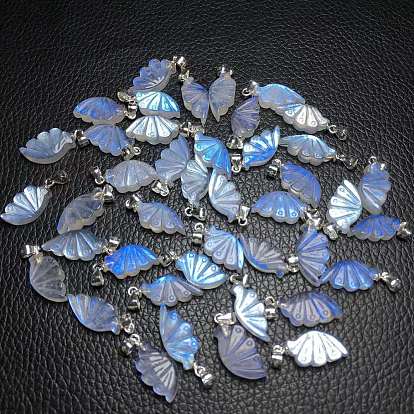 Natural Blue Moonstone Pendants, Wing Charms with Silver Color Plated 925 Sterling Steel Snap on Bails