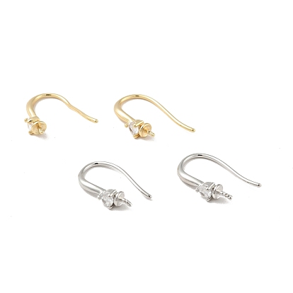 Rack Plating Brass Micro Pave Cubic Zirconia Earring Hooks, for Half Drilled Beads, Long-Lasting Plated, Cadmium Free & Lead Free