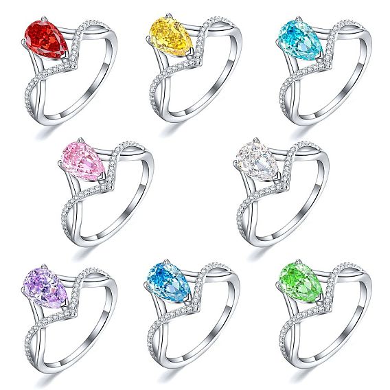 925 Кольца с простой полосой из стерлингового серебра с микропаве и кубическим цирконием, Реальная платина, слеза