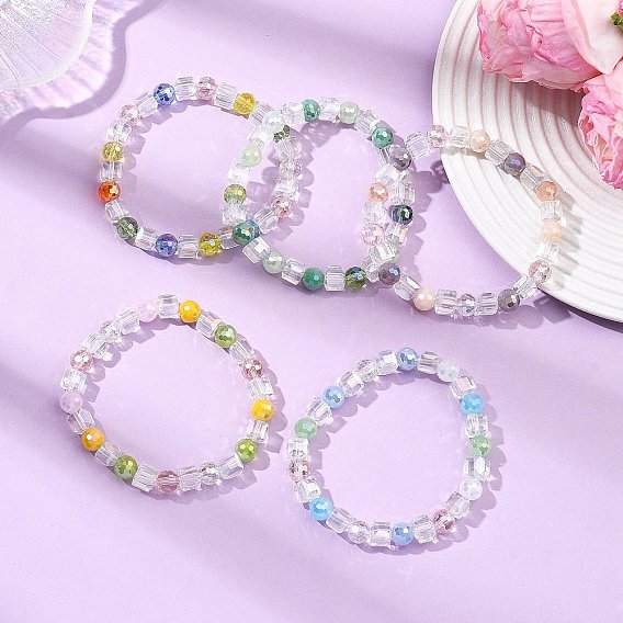 Гальванизированные стеклянные бусины эластичные браслеты для женщин, куб и круглый, граненые