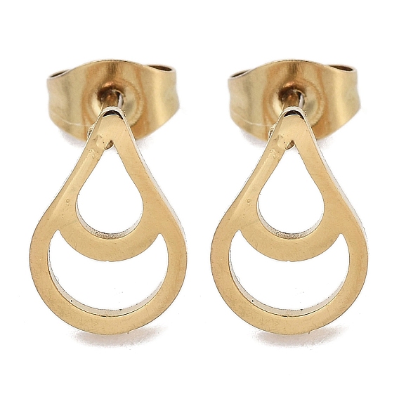 PVD Vacuum Plating 304 Stainless Steel Stud Earrings for Women, Hollow Teardrop