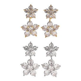 Rack Plating Flower Brass Stud Earrings, with Clear Cubic Zirconia, Cadmium Free & Lead Free, Long-Lasting Plated