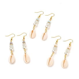 Natural Cowrie Shell Dangle Earring, with Glass Beads, Brass Rhinestone Beads and Brass Earring Hooks, Golden