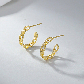 S925 Sterling Silver C-Shaped with  Cable Chain Charm Stud Earrings