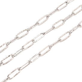 304 Stainless Steel Textured Paperclip Chains, Drawn Elongated Cable Chains, Soldered, with Spool
