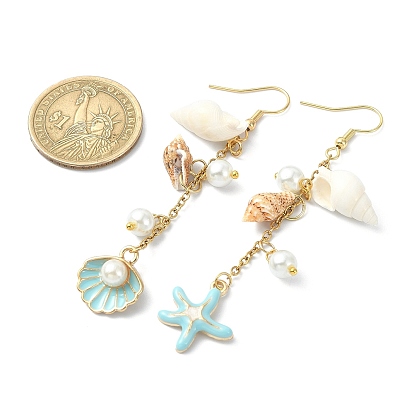 Alloy Enamel Starfish Dangle Earrings, Shell Pearll & Shell Asymmetrical Earrings