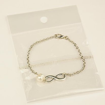 Fashion Tibetan Style Infinity Link Bracelets, Iron Chains with Grade A Pearl Beads and Alloy Lobster Claw Clasps, 200mm