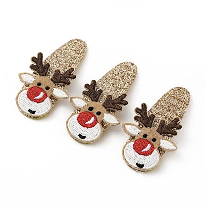 Christmas Deer Glitter Gretel Fabric with PU leather Snap Hair Clips, with Iron Clips, Hair Accessorise for Girls