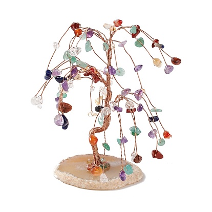 Natural Gemstone Chips and Natural Agate Pedestal Display Decorations, Healing Stone Tree, for Reiki Healing Crystals Chakra Balancing, with Rose Gold Plated Brass Wires, Lucky Tree