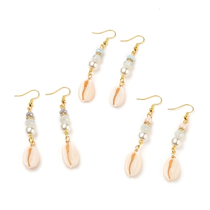 Natural Cowrie Shell Dangle Earring, with Glass Beads, Brass Rhinestone Beads and Brass Earring Hooks, Golden