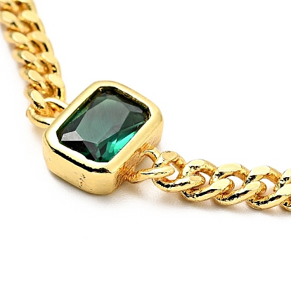 Cubic Zirconia Rectangle Link Bracelet with Curb Chains, Gold Plated Brass Jewelry for Women, Lead Free & Cadmium Free