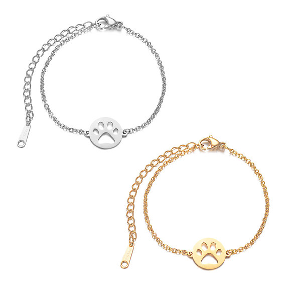 201 Stainless Steel Link Bracelets, with Cable Chains and Lobster Claw Clasps, Flat Round with Dog Paw Prints