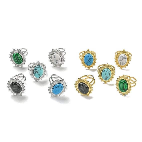304 открытые манжеты из нержавеющей стали, Овальные кольца на палец из синтетического малахита и бирюзы для женщин и мужчин